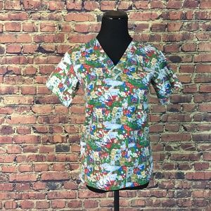 Med + Wear XS Cat Pattern Nurse Scrub Top Shirt